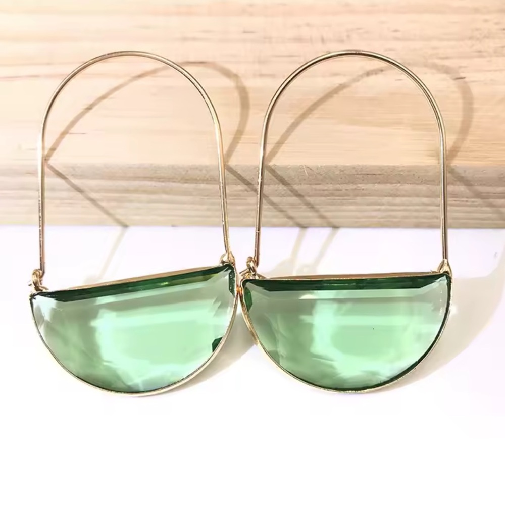 Anthropologie Light Green Glass Crescent Hoop Gold Earrings - Picture 7 of 7